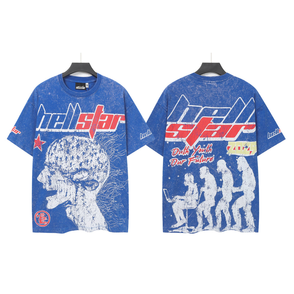 Hellstar Style Vintage Wash Graphic Oversized T-Shirt - Blue Collection