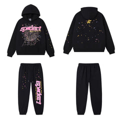 SP5DER Web Graphic Pullover Hoodie and Sweatpants Matching Set - Black / Pink