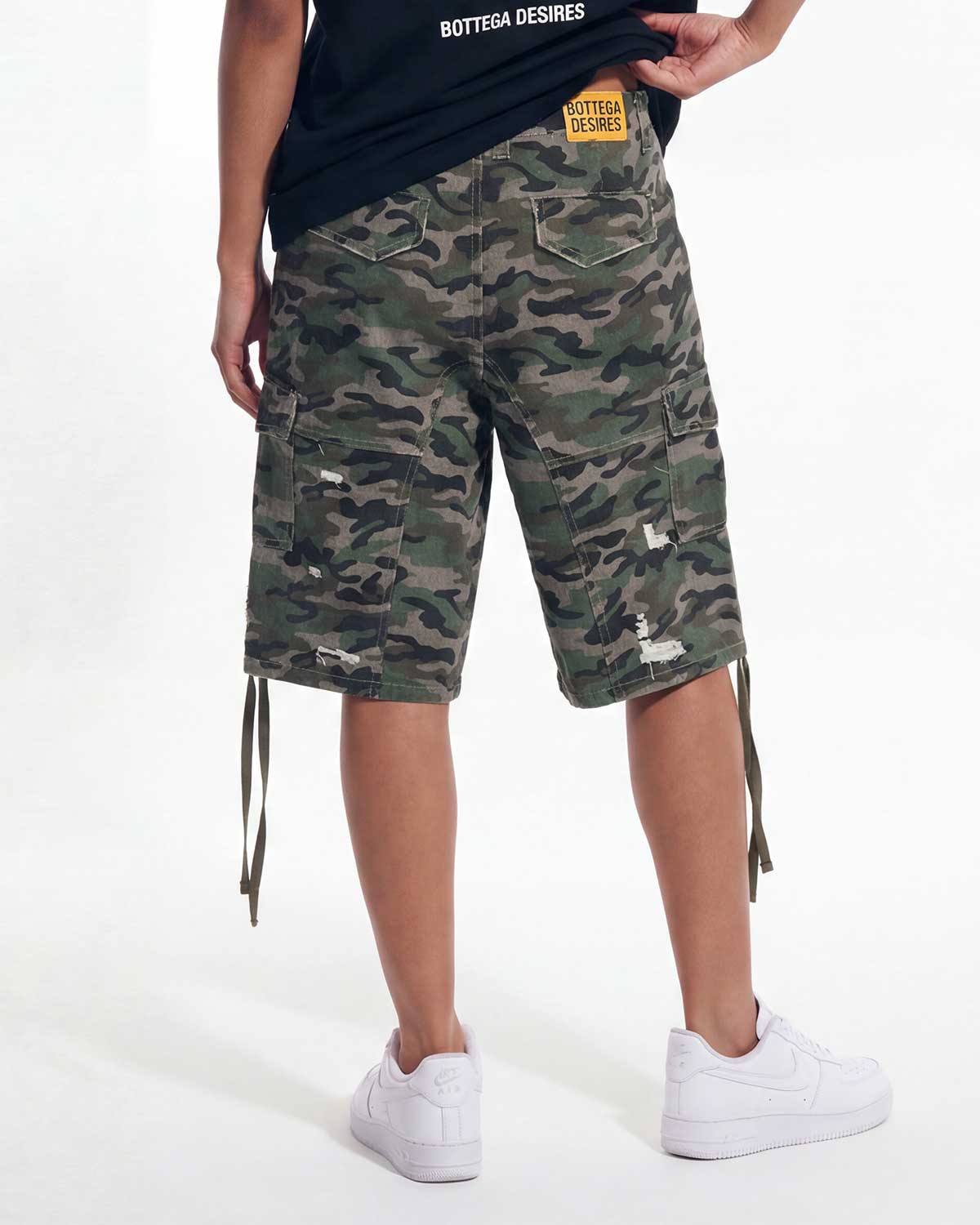 Bottega Desires Distressed Camo Cargo Shorts Green
