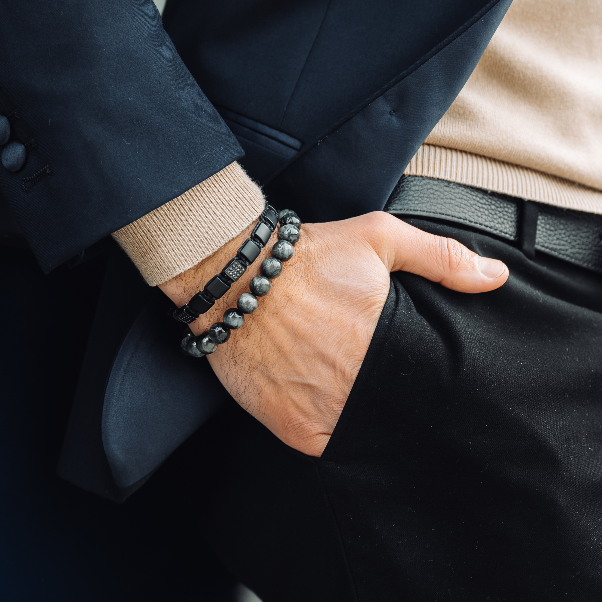 Men's BLACK ONYX Flat bead Bracelet