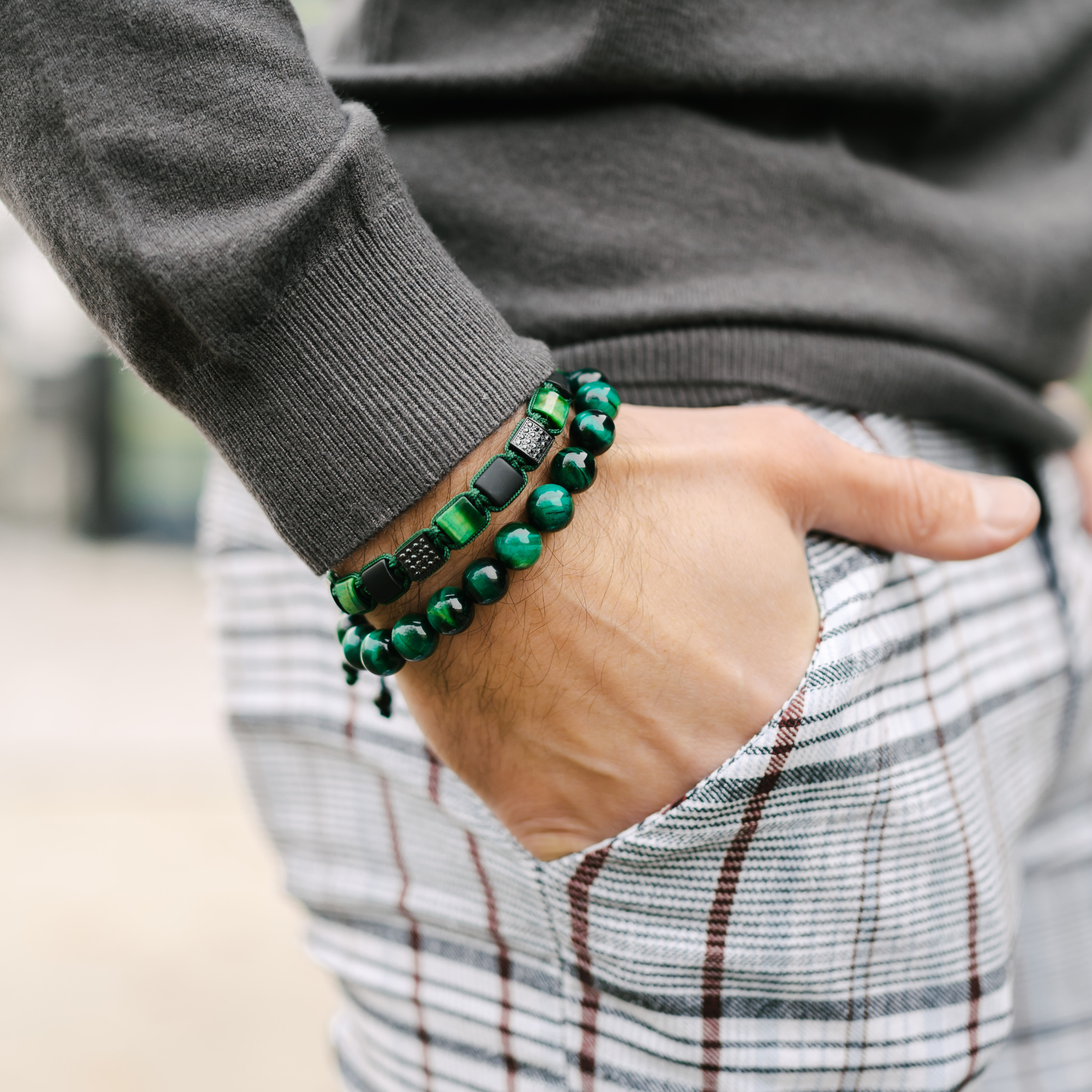 Men's GREEN TIGER EYE, BLACK ONYX Flat bead Bracelet