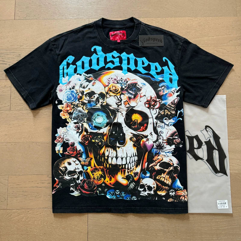 Godspeed Vintage Skull Flames Graphic Tee Cotton Acid Washed Shirt