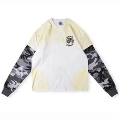 SAINT VANITY Layered-Style Graphic Long-Sleeve T-Shirt - Yellow Tie-Dye / Gray Camo
