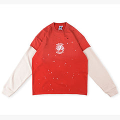 SAINT VANITY Layered-Style Distressed Graphic Long-Sleeve T-Shirt - Red / Beige