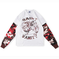 SAINT VANITY Layered-Style Winged Creature Graphic Long-Sleeve T-Shirt - White / Red Camo