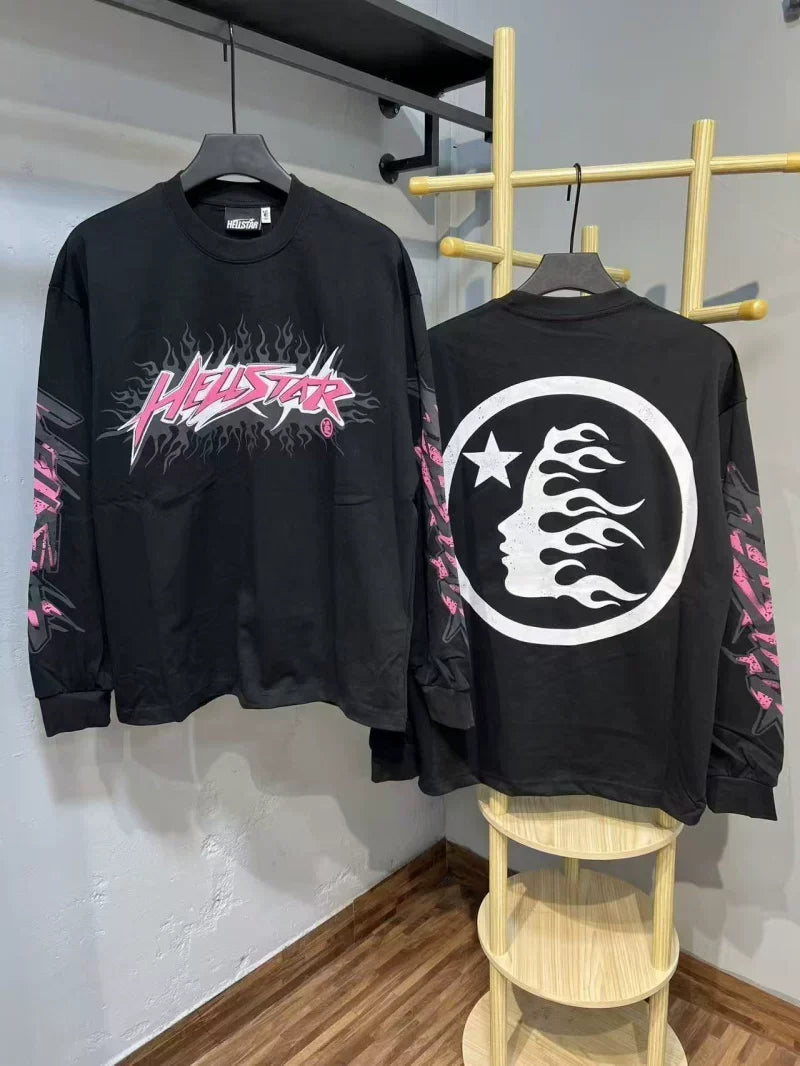 Hellstar Pink Logo & Flame Face Long Sleeve Tee - Black