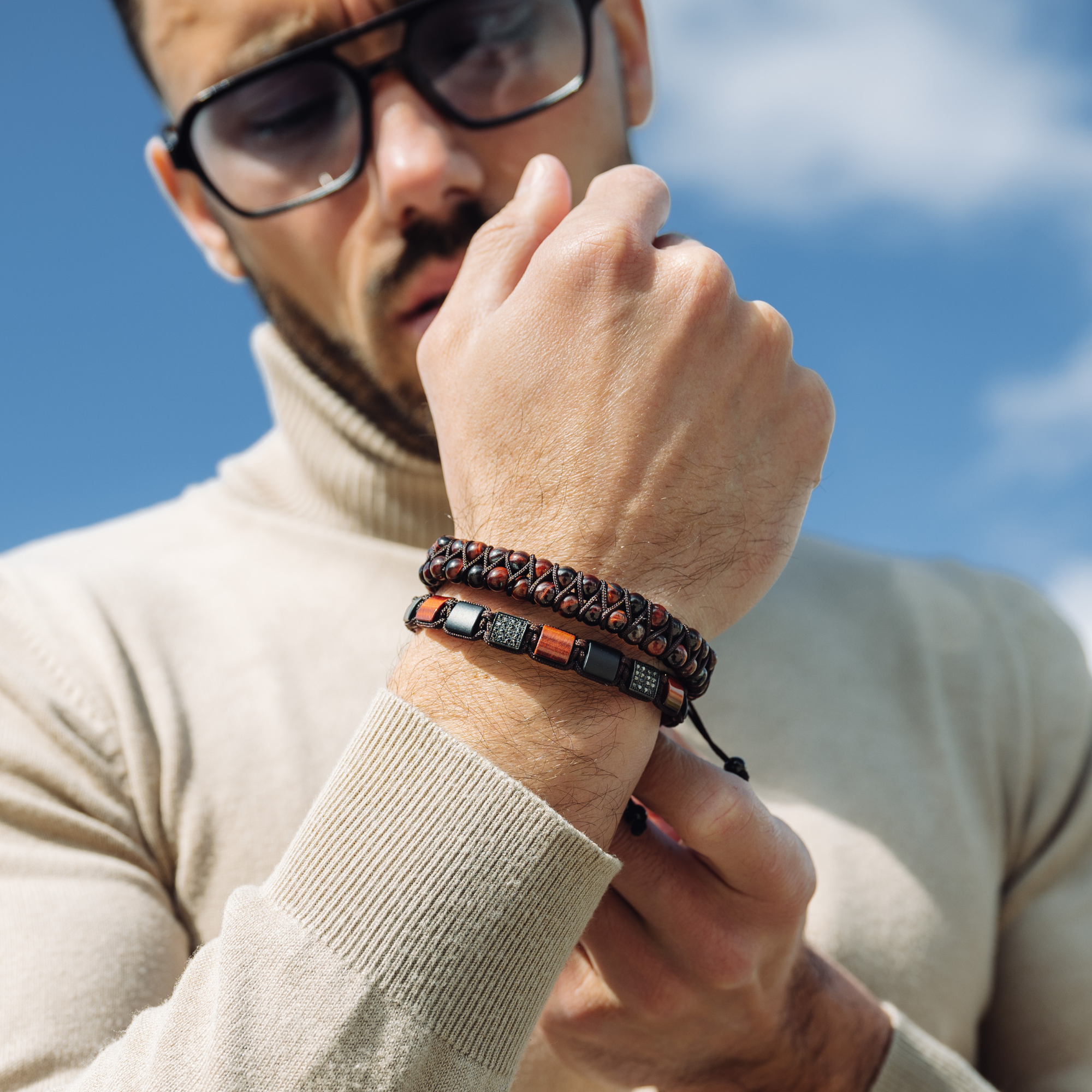 Men's RED TIGER EYE, BLACK ONYX Flat bead Bracelet