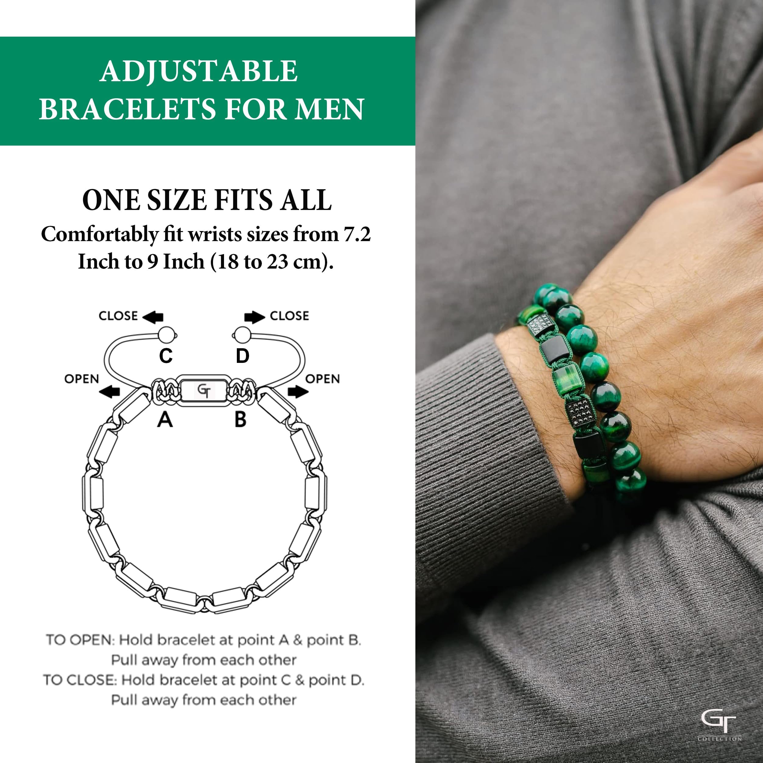 Men's GREEN TIGER EYE, BLACK ONYX Flat bead Bracelet