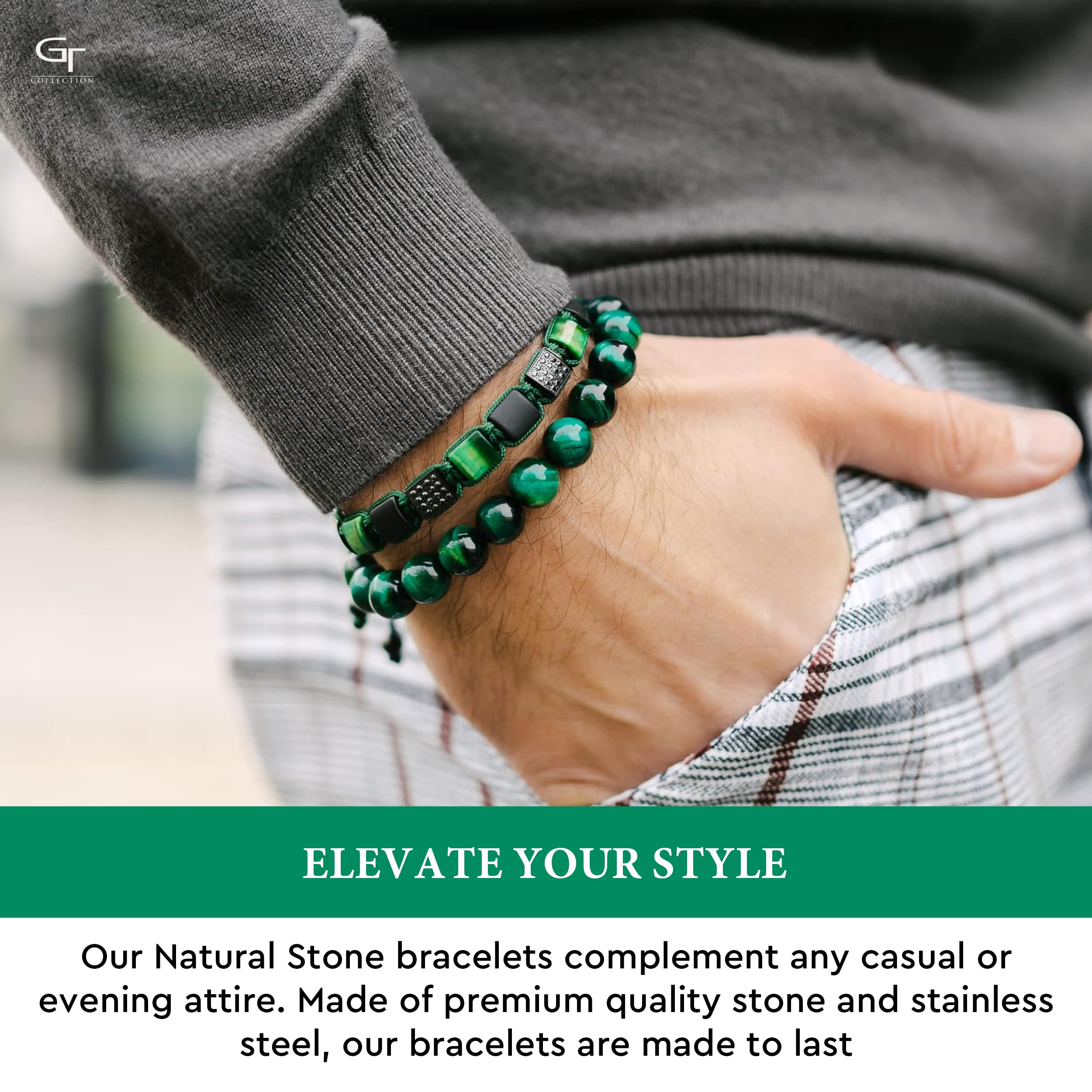 Men's GREEN TIGER EYE, BLACK ONYX Flat bead Bracelet