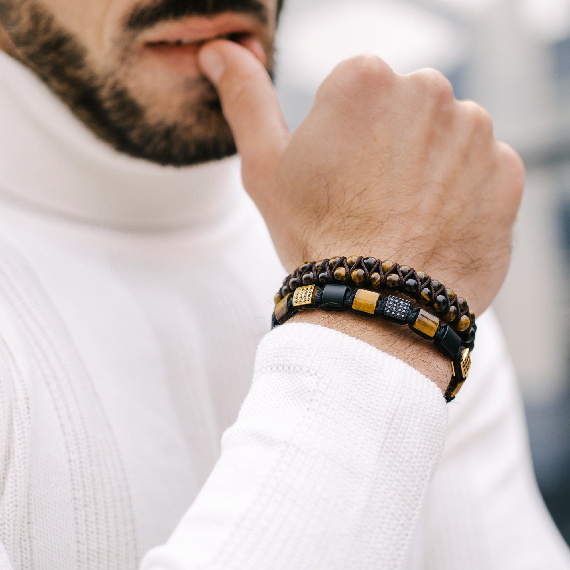 Men's TIGER EYE, BLACK ONYX Flat bead Bracelet