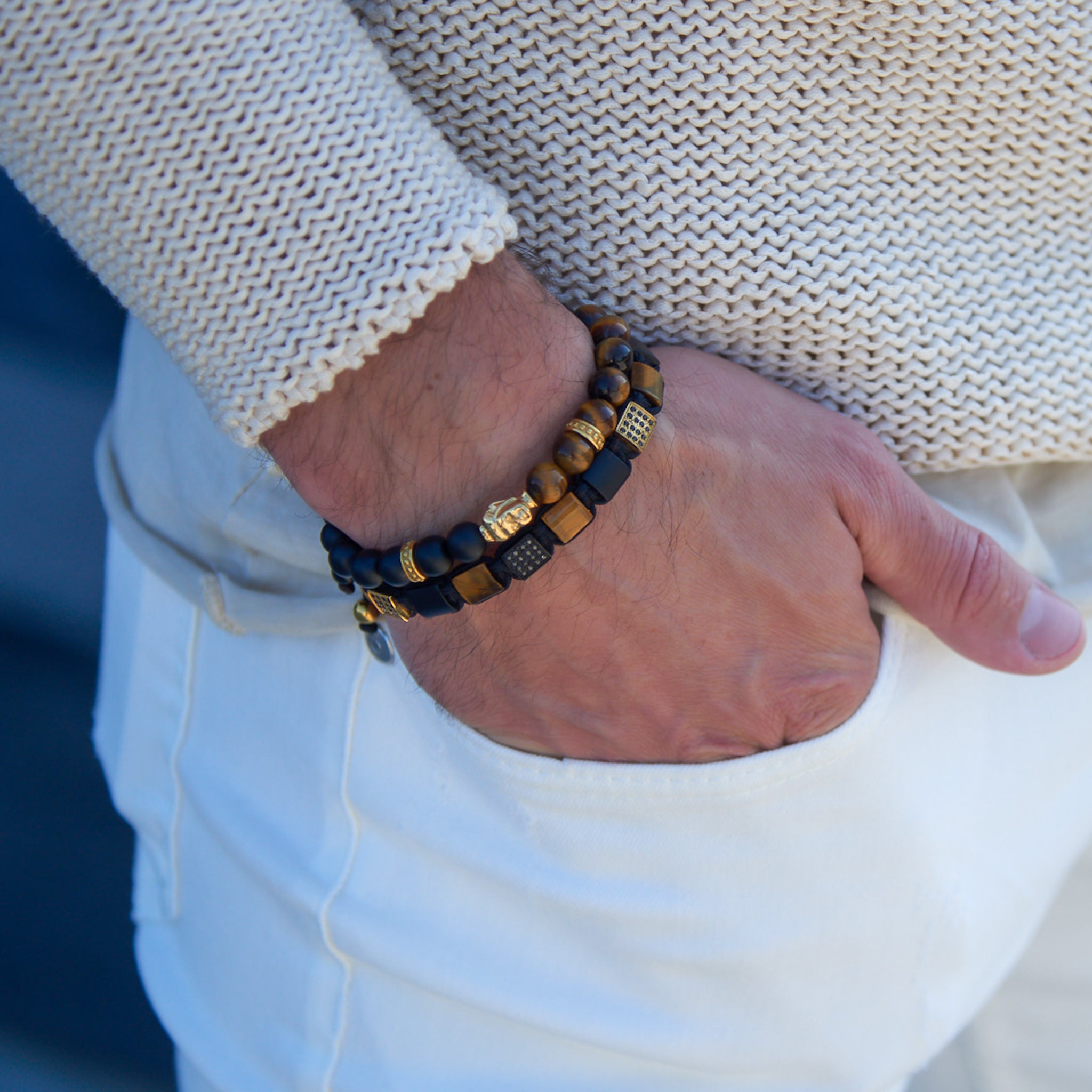 Men's TIGER EYE, BLACK ONYX Flat bead Bracelet